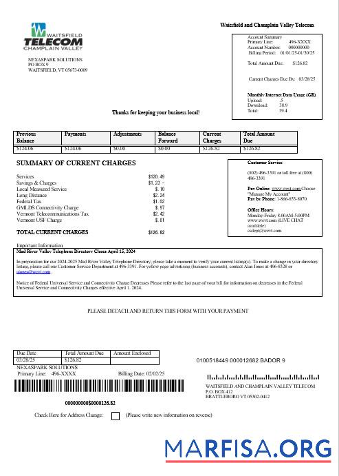 Realistic USA Waitsfield Telecom business utility bill template in Word and PDF formats